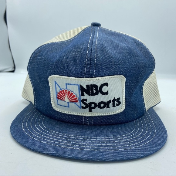 2 Vintage NBC Sports Patch Snapback Hat Trucker Mesh Cap USA K-Brand Denim/Navy - Picture 2 of 7